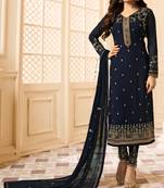 Blue zari embroidery and diamond georgette straight churidar - full stitched