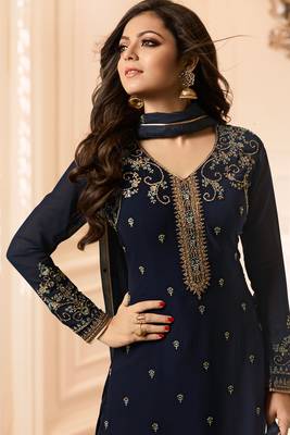 Blue zari embroidery and diamond georgette straight churidar - full stitched 2