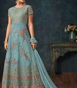 Blue zari embroidery and diamond net anarkali churidar - full stitched