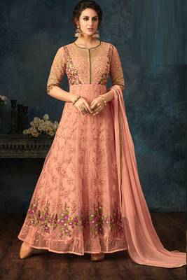 Peach zari embroidery and diamond net anarkali churidar - full stitched 1