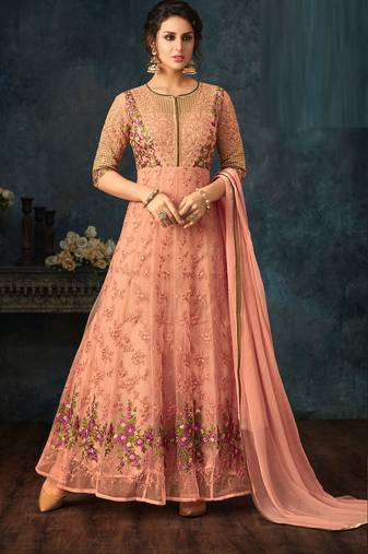 Peach zari embroidery and diamond net anarkali churidar - full stitched