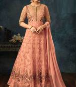 Peach zari embroidery and diamond net anarkali churidar - full stitched
