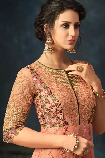 Peach zari embroidery and diamond net anarkali churidar - full stitched