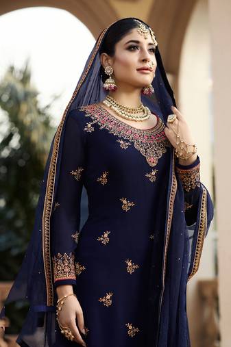 Blue zari embroidery and diamond georgette straight sharara - full stitched