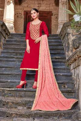 Red zari embroidery and diamond silk straight churidar - full stitched 1