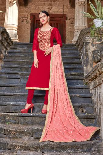 Red zari embroidery and diamond silk straight churidar - full stitched
