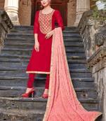 Red zari embroidery and diamond silk straight churidar - full stitched