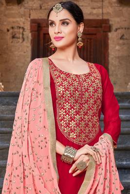 Red zari embroidery and diamond silk straight churidar - full stitched 2