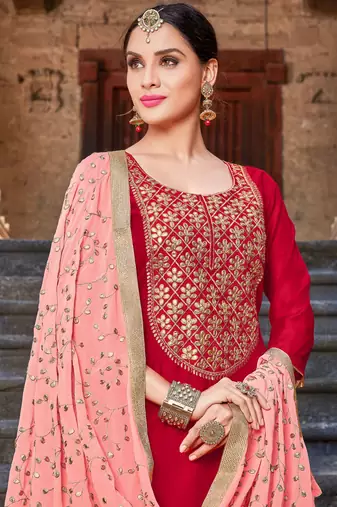 Red zari embroidery and diamond silk straight churidar - full stitched