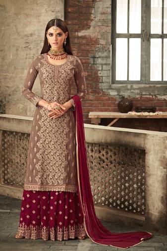 Fawn zari embroidery and diamond georgette straight palazzo - full stitched