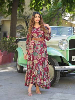 Divena maroon floral print rayon fabric flared long dress 1