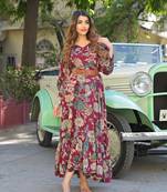 Divena maroon floral print rayon fabric flared long dress