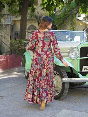 Divena maroon floral print rayon fabric flared long dress 2