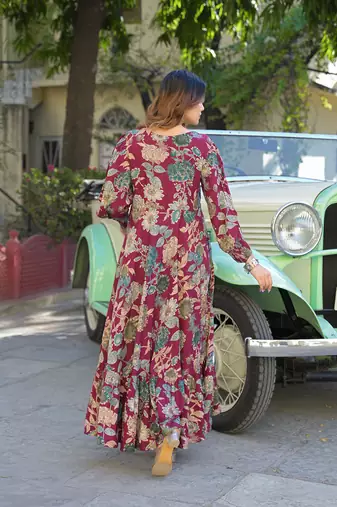Divena maroon floral print rayon fabric flared long dress