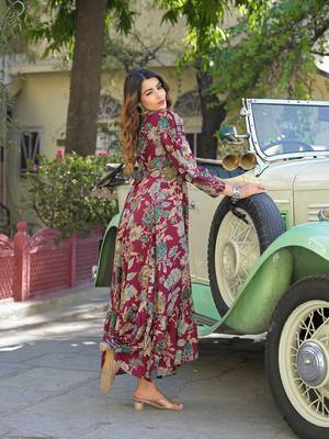Divena maroon floral print rayon fabric flared long dress 3