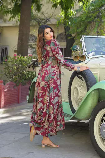 Divena maroon floral print rayon fabric flared long dress