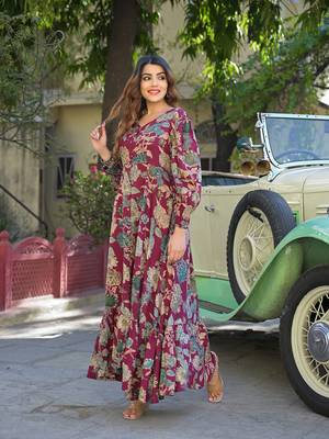 Divena maroon floral print rayon fabric flared long dress 4