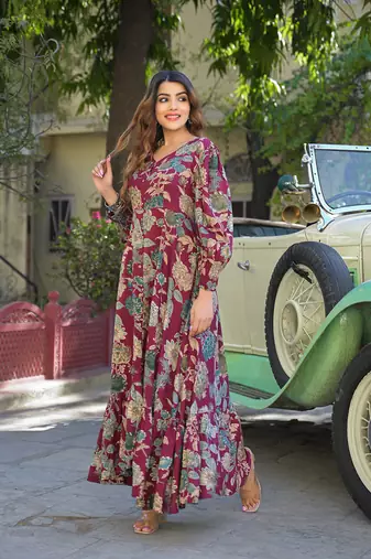 Divena maroon floral print rayon fabric flared long dress