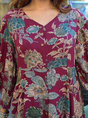 Divena maroon floral print rayon fabric flared long dress 5