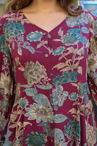 Divena maroon floral print rayon fabric flared long dress