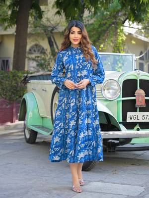 Divena blue floral print cotton fabric flared dress 1