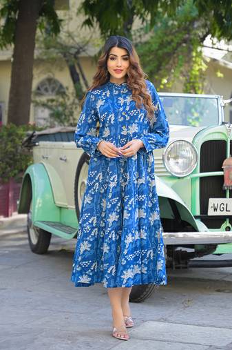 Divena blue floral print cotton fabric flared dress