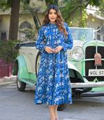 Divena blue floral print cotton fabric flared dress
