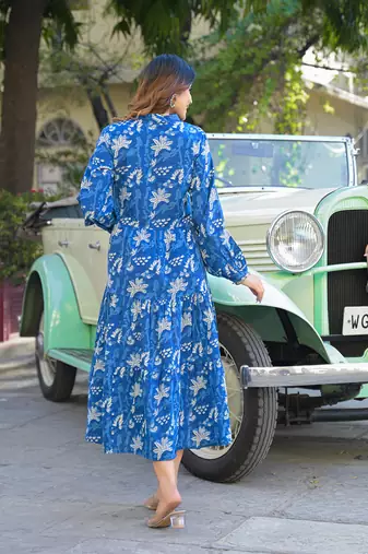 Divena blue floral print cotton fabric flared dress