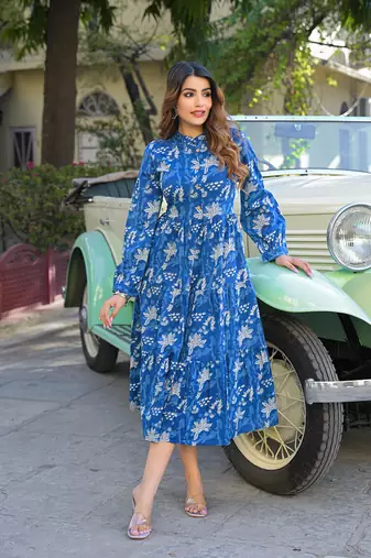 Divena blue floral print cotton fabric flared dress