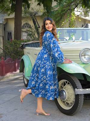 Divena blue floral print cotton fabric flared dress 4