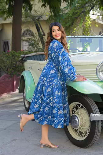 Divena blue floral print cotton fabric flared dress