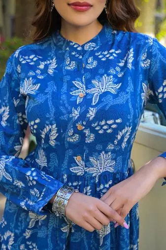 Divena blue floral print cotton fabric flared dress