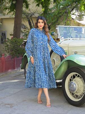 Divena blue floral print cotton fabric fit flared dress 1