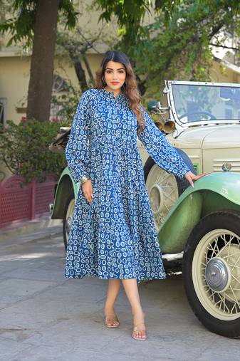 Divena blue floral print cotton fabric fit flared dress