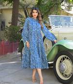 Divena blue floral print cotton fabric fit flared dress