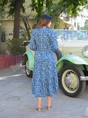 Divena blue floral print cotton fabric fit flared dress 2