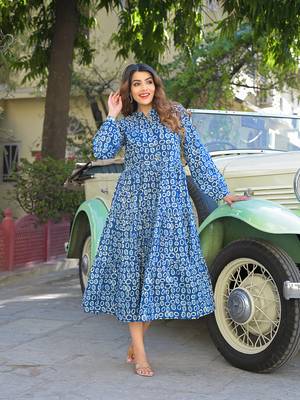 Divena blue floral print cotton fabric fit flared dress 3