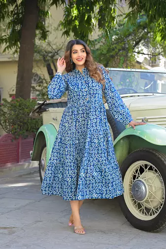 Divena blue floral print cotton fabric fit flared dress