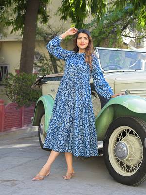 Divena blue floral print cotton fabric fit flared dress 4