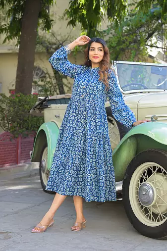 Divena blue floral print cotton fabric fit flared dress