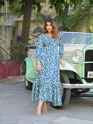 Divena blue floral print rayon fabric flared long dress 1