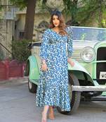 Divena blue floral print rayon fabric flared long dress