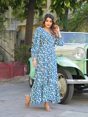 Divena blue floral print rayon fabric flared long dress 3