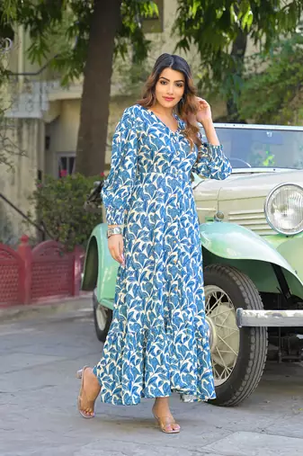 Divena blue floral print rayon fabric flared long dress