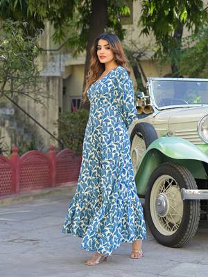 Divena blue floral print rayon fabric flared long dress 4