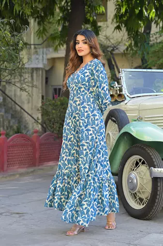 Divena blue floral print rayon fabric flared long dress