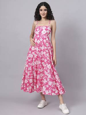 Divena pink floral shoulder straps cotton dress 1