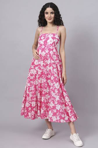 Divena pink floral shoulder straps cotton dress