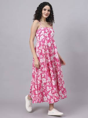 Divena pink floral shoulder straps cotton dress 3