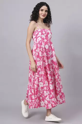 Divena pink floral shoulder straps cotton dress